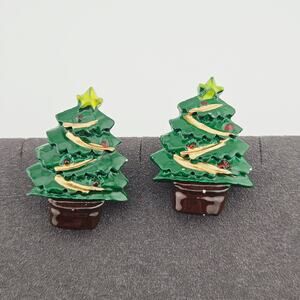 Hand Painted Enamel Green Christmas Tree Earrings Stud Attachment Holiday Rustic